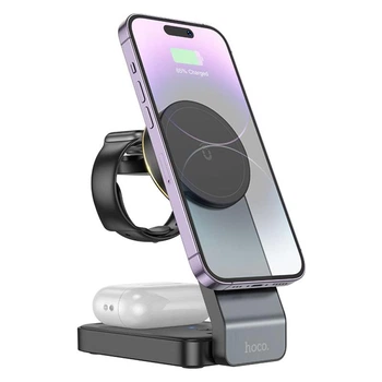 Бездротова зарядка Qi 3в1 Hoco CQ3 3-in-1 Magnetic 15W Док-станція для iPhone + iWatch + Airpods Чорний