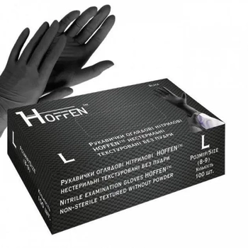 Рукавиці чорні нітрилові HOFFEN black нестерильні текстуровані без пудри розмір L(100шт)