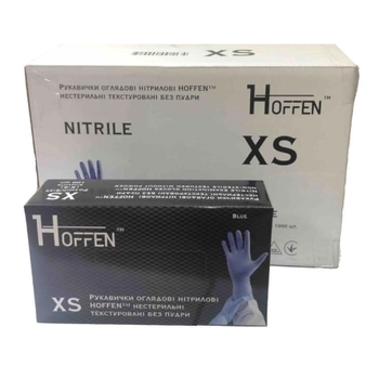Рукавички оглядові нітрилові HOFFEN нестерильні текстуровані без пудри розмір XS (ящик 10 пачок)