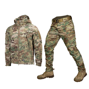 Чоловічий демісезонний Комплект Куртка M-TAC + Штани CamoTec / Форма SOFT SHELL на флісі мультикам розмір 3XL 54,5-56