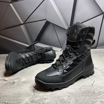 Мужские кожаные берцы на меху / Высокие ботинки KTV на резиновой подошве с протектором черные размер 46