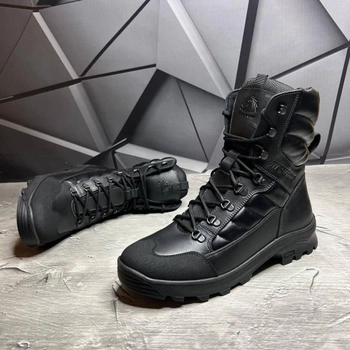 Мужские кожаные берцы на меху / Высокие ботинки KTV на резиновой подошве с протектором черные размер 42
