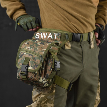 Поясна Сумка Swat на ногу Cordura 1000D з 5-ма кишенями зелений піксель розмір 28 x 13 х 12 см