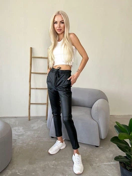 Демисезонные женские брюки из экокожи (тонкие) Fashion 46 черные