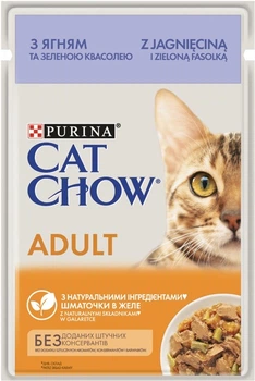 Консервований корм Purina Cat Chow ADULT Ніжні шматочки з ягням та зеленою квасолею в желе для котів 85 г (8445290476524) x26 шт.