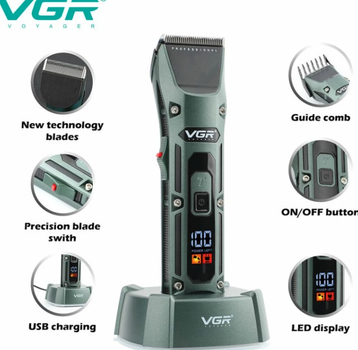 Аккумуляторная беспроводная машинка для стрижки волос VGR V-696 с LED дисплеем и ТУРБО режимом зеленый с черным
