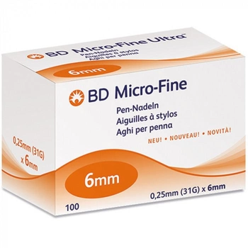 Иглы для инсулиновых ручек "BD Micro-Fine Plus" 6 мм (31G x 0,25 мм), 100 шт.