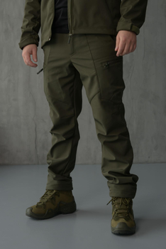 Брюки мужские SoftShell для НГУ оливковый цвет на флисе с высокой посадкой / Ветро и водозащитные штаны 3XL