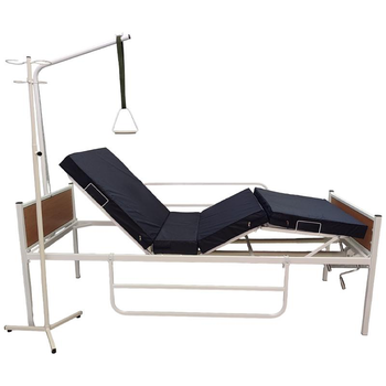 Ліжко медичне механічне функціональне Riberg АН3-11-04 з гвинтовим механізмом підйому з матрацом бічними поручнями приліжковою трапецією і штативом для крапельниці