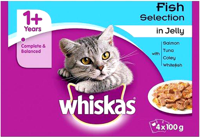 Вологий корм для котів Whiskas 1+ Рибні смаки в желе 4 x 100 г (8410136216770)
