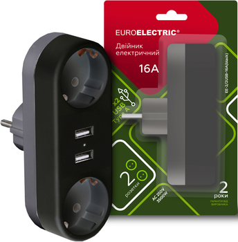 Сетевой двойник с заземлением Euroelectric X2 16A 2xUSB Черный (EE-2/2USB-16A(black))