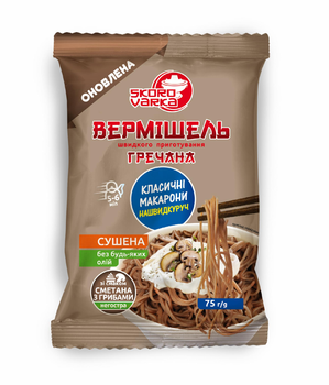 Упаковка вермішелі швидкого приготування Skorovarka гречана зі смаком сметана з грибами не гостра 75гх48шт