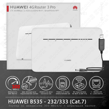 Высокоскоростной маршрутизатор 4G модем/роутер 3G/4G LTE Huawei B535 232/333 Lte Advanced + Адаптер питания от павербанка DC-USB 5V-12V. Скорость до 300 Мбит/с (Cat.7). Агрегация частот. Выходы для подключения внешних антенн. Киевстар, Lifecell, Vodafone