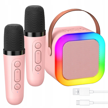 Колонка караоке з 2-ма мікрофонами зі зміною голосу, Bluetooth колонка з RGB підсвічуванням Рожева