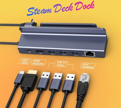 Док-станція NOVOO, сумісна зі Steam Deck, 6-в-1 з HDMI 2.0 4K@60Hz, 1 Гбіт/с RJ45 Ethernet, 3 порти USB-A 3.0 5 Гбіт/с, 100 Вт PD