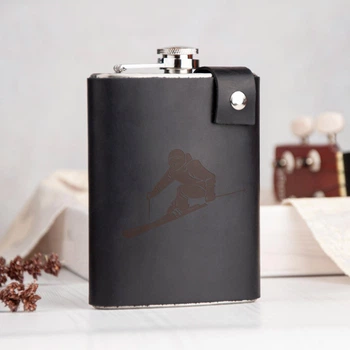 Оригинальная фляга с принтом лыжника, кожаный чехол, сталь, 240 мл, Black, WOODPRESENT