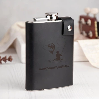 Подарочная фляга для рыбака в кожаном чехле, сталь, 240 мл, Black, WOODPRESENT