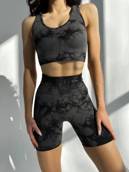 Спортивный женский костюм Marble с эффектом Push Up (топ + шорты) Бесшовный Мраморный L Графит с черным (XH050000L)