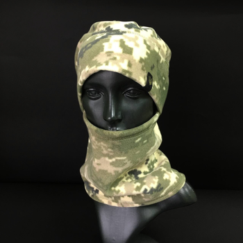 Комплект шапка и бафф флисовая тактическая мужская женская зимняя с гербом Украины Zepma Пиксель АНШБ2