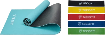 Набор Коврик рельефный TECOFIT ПВХ для йоги и фитнеса 173x61x0.5 см Blue/Black + Набор эспандеров TECOFIT LATEX резинки для фитнеса в виде круга 5 шт