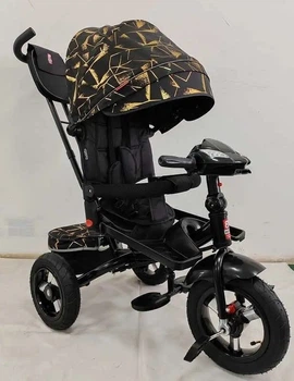 Дитячий велосипед-коляска з ручкою Best Trike 6088 F–615-90 поворотне сидіння, надувні колеса, Чорно-золотистий
