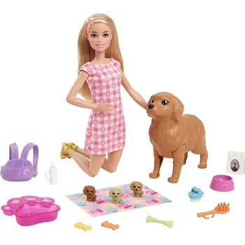  Lalka Mattel Barbie Newborn Pups z psem i nowo narodzonymi szczeniętami (0194735012442)