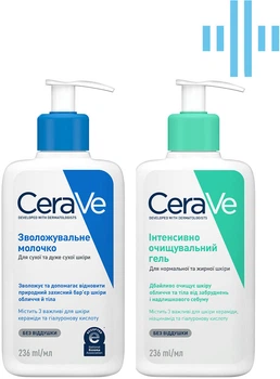 Набор для лица и тела CeraVe Увлажняющее молочко для сухой и очень сухой кожи 236 мл + Интенсивно очищающий гель для нормальной и жирной кожи 236 мл (3337875597210-3337875597197)