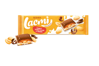 Упаковка Шоколаду Lacmi молочний з арахісом і карамельно-арахісової начинкою 295 г х 12 шт