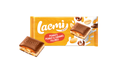 Упаковка шоколаду Lacmi молочний з арахісом, карамеллю та підсоленою арахісовою пастою 87 г х 22 шт