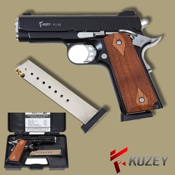 Стартовый пистолет Colt 1911, KUZEY 911-SX#2 Black/Brown Wooden Grips, Сигнальный пистолет под холостой патрон 9мм, Шумовой