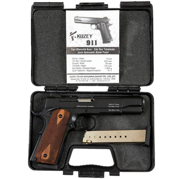 Стартовый пистолет Colt 1911, KUZEY 911#1 Black/Brown Wooden Grips, Сигнальный пистолет под холостой патрон 9мм, Шумовой