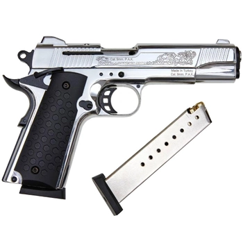 Стартовый пистолет Colt 1911, KUZEY 911#6 Matte Chrome Plating, Engraved/Black Grips, Сигнальный пистолет под холостой патрон 9мм, Шумовой