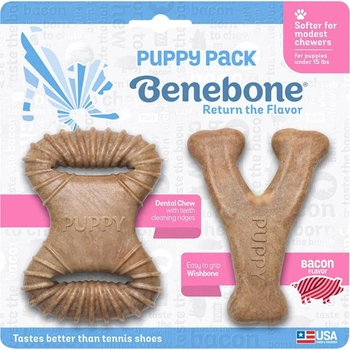 Zestaw gryzaków dla psów o smaku bekonu Benebone Puppy Dental Chew/Wishbone 10 cm 2 szt Brown (0854111004491)