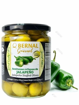 Оливки зеленые испанские Мансанилья Bernal Gourmet Aceitunas rellenas de jalapeno фаршированные перцем халапеньо 436 г