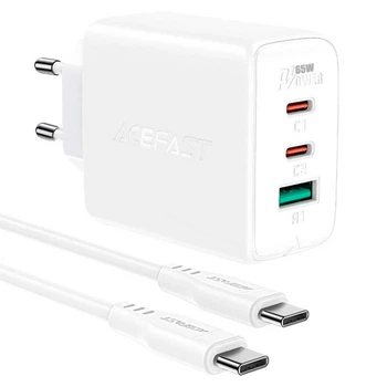 Зарядне мережеве ACEFAST A13 QC3.0 PD65W 2Type-C USB 3А + кабель Type-C - Type-C (1м) швидка зарядка для телефона/смартфону Android Білий