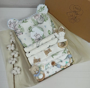 Набор для новорожденного: 6 пеленок, подушка и игрушки a.l.babybox Бегемотик