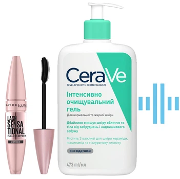 Набор по уходу Тушь Maybelline New York Lash Sensational Черный 9.5 мл + Интенсивно очищающий гель CeraVe 473 мл (3600531143459/3337875597357)
