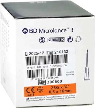 Игла для шприца BD Microlance Needle 0.5 мм x 16 мм 100 шт (0382903006007)