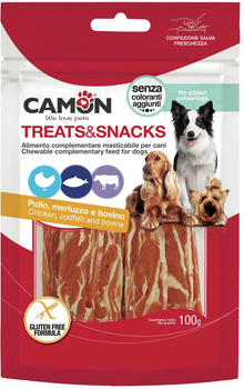 Ласощі для собак Camon Treats and Snacks В'ялене м'ясо яловичини курки та тріски 100 г (8019808218564)