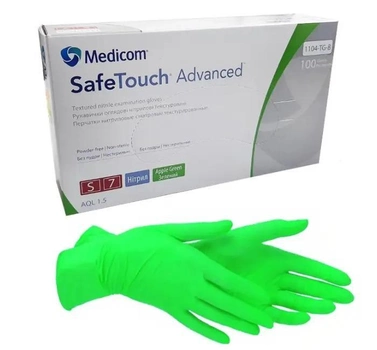 Рукавички нітрилові SafeTouch Medicom Green розмір S (100 шт) колір Зелене яблуко