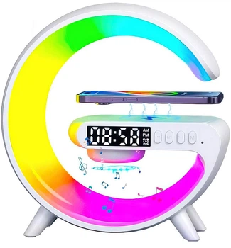 Настільна mini Гугл смарт лампа нічник G-Smart Light Sound Machine G63 RGB світильник з бездротовою зарядкою годинником та Bluetooth колонкою маленька Біла