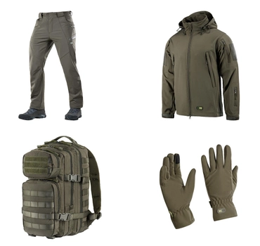 M-tac комплект Shoft Shell куртка з підстібкою, штани тактичні, рукавички, рюкзак олива XS