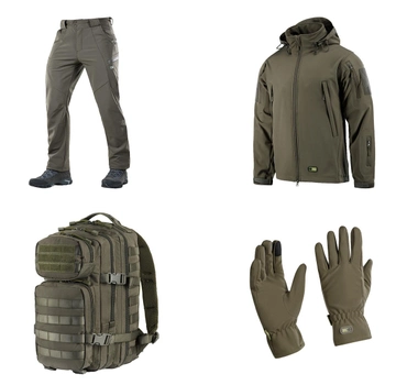 M-tac комплект Shoft Shell куртка з підстібкою, штани тактичні, рукавички, рюкзак олива XL