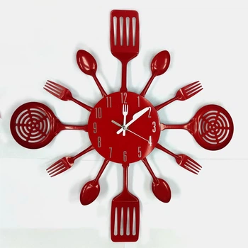 Настінний годинник на кухню "Fork" - металевий годинник ложки-виделки для кафе та кухні, червоний, 40х40 см (102092)