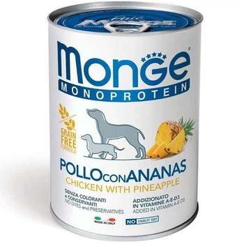 Влажный корм Monge Dog Monoprotein Fruit Chicken with Pineapple паштет с курицей для собак всех пород 400г