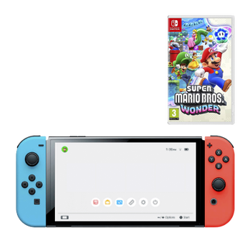 Набор Консоль Nintendo Switch OLED Model HEG-001 64GB Blue Red + Игра New Super Mario Bros. Wonder Русские Субтитры