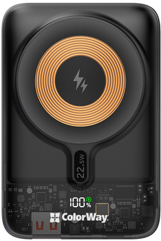 УМБ ColorWay Power Bank 10000 mAh 15W MagSafe (USB QC3.0 + USB-C PD 22.5W) Black (CW-PB100LPA3BK-WPDD)