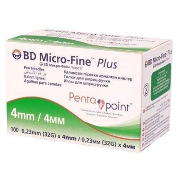 Голки для інсулінових ручок "BD Micro-Fine Plus" 4 мм (32G x 0,23 мм), 100 шт.