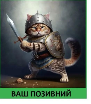 Шеврон патч "Кіт з мечем і щитом" на липучці велкро