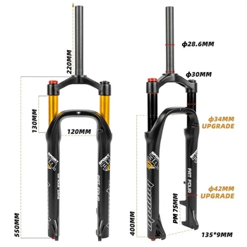 Повітряна вилка для фетбайка Himalo 26 дюймів Fat Fork 130mm Lock-out Rebound Чорна